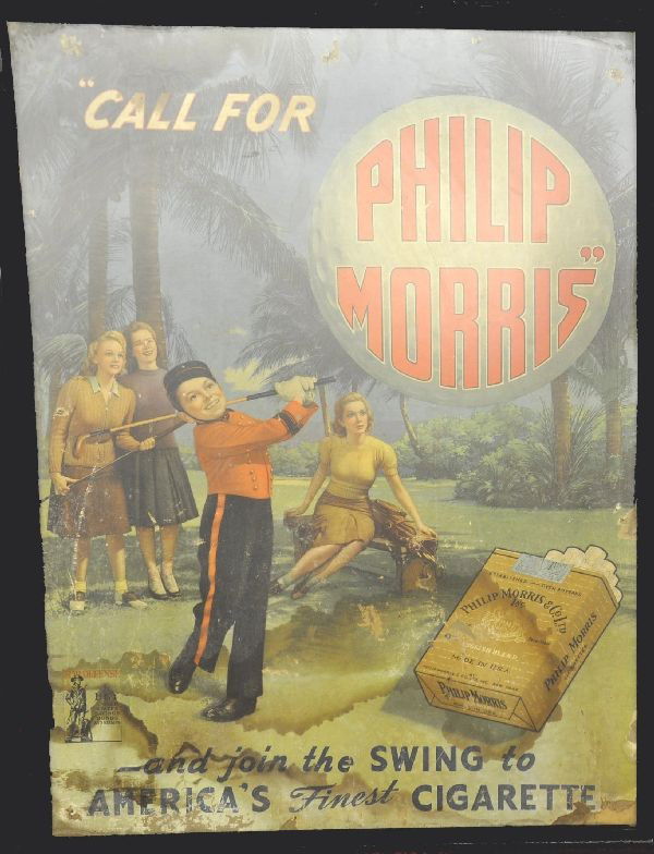 Scarce Philip Morris Store Display: This and the previous lot came from the estate of Johnny Roventini who was the real Philip Morris character. Four color illustrated easel backed store display poster 32 1/2 x 43 1/2" framed. Shows pun
