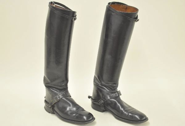 Scarce German WWII Calvary Boots: Inside stamped August Zelas Schuhmachermfeister, reads Allenstein. Shows light signs of use with original spurs.