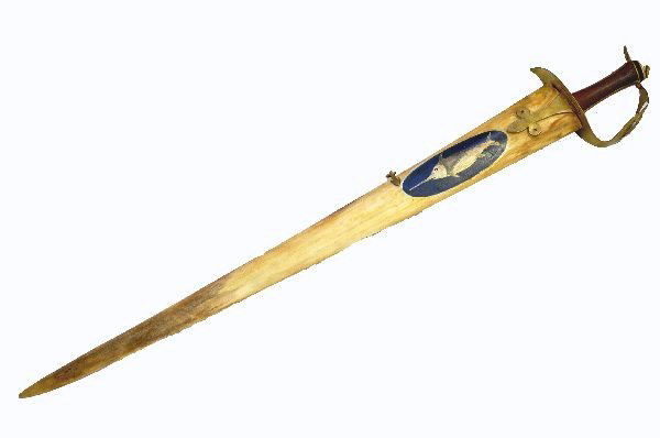 Unusual Swordfish Sword: 37" weapon. The body is made from a swordfish bill and has small hand painted vignettes on each side. One depicting a swordfish and the other a lighthouse scene. Sword has a brass hilt with wooden han