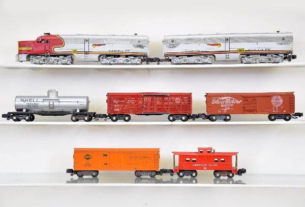 American Flyer S-Gauge Diesel Freight Set: 360 and 361 Santa Fe PA Alco AB diesels; 625 Shell tank; 629 MP stock car; 642 Seaboard boxcar; 623 IC reefer; 638 caboose. All have conversion couplers. All show light to moderate playwear. C7