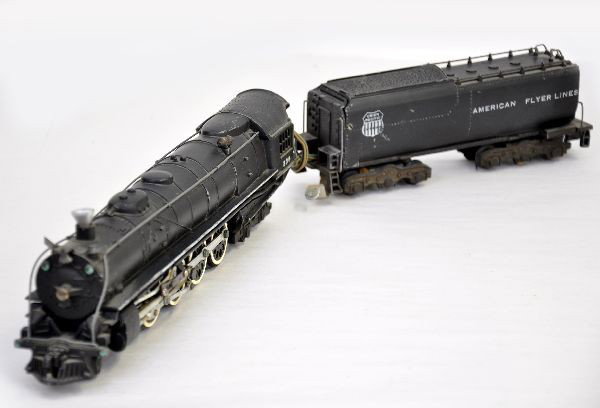 American Flyer S-Gauge 336 UP Northern: Clean with nice lettering, slightly darker on one side of cab, stripe is 60%, number boards are 60% lettering. Nice matte patina to paint. Includes smoke funnel. Shows light to moderate playwear. C6-7