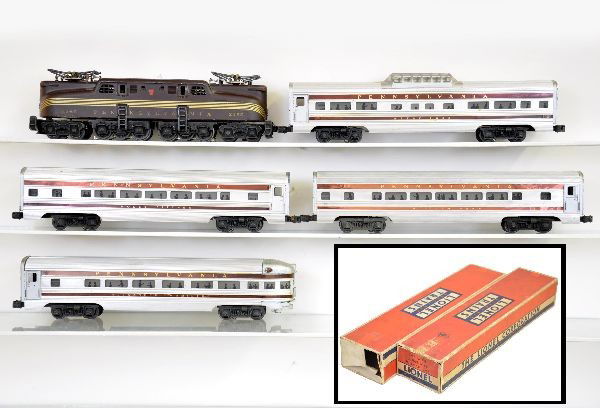 Lionel Congressional Set: 2360 Pennsylvania GG1, double motor, Tuscan five stripes (stripes are replacement); 2542 Betsy Ross Vista Dome with ob; 2543 William Penn Pullman; 2544 Molly Pitcher Pullman with ob; 2541 Alexander Ha