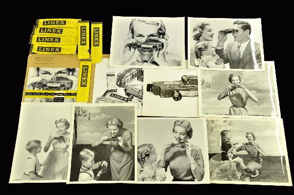 Scarce Lionel Linex Radio Promotion Packet Plus: This scarce archive includes the original Linex Stereo Camera Promotional packet that was sent to advertisers to promote this unusual Lionel product. Includes eight 8 x 10 black & white photographs, m