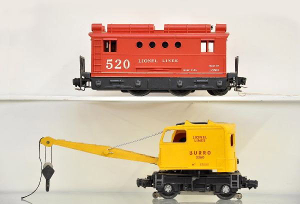 Lionel 3360 and 520 Motorized Units: 3360 Burro crane, mechanism incomplete; 520 box cab electric, with original pantograph. Otherwise, shows light to moderate playwear, C7