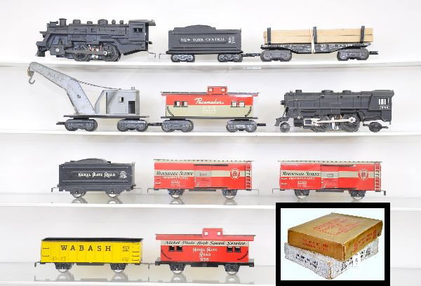 Boxed Marx Sets 9912 and 24922: 9912 includes 999 steam loco, NPR wedge tender, 2 #37956 Penn boxcars, Wabash gondola and NPR caboose. 24922 includes 400 steam loco, wedge tender, B&M lumber flat, wrecker and caboose, All D trucks b
