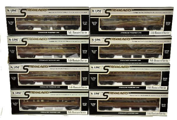 K-Line Pennsylvania Passenger Cars: All KCC exclusive, K4580 series - 7458 baggage, 5468 RPO, 6700 combine, 8086 Pullman, 4012 coach, 4423 diner, 8018 Pullman, 8115 observation. All in original boxes with inserts. Lightly run. C8