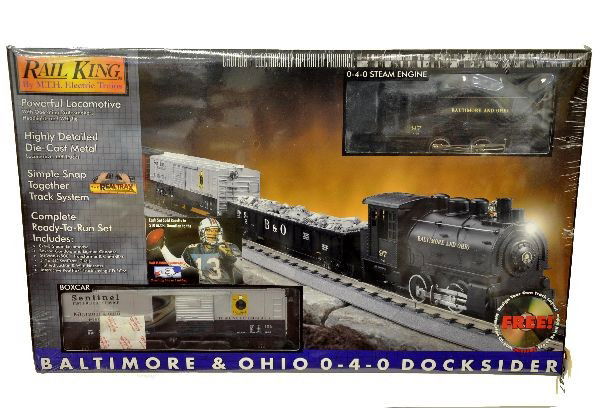 MTH RailKing Set 30-4026-0: B&O Docksider set including steam loco, boxcar, gondola, caboose, track & transformer. Set box is factory sealed, factory new, C10