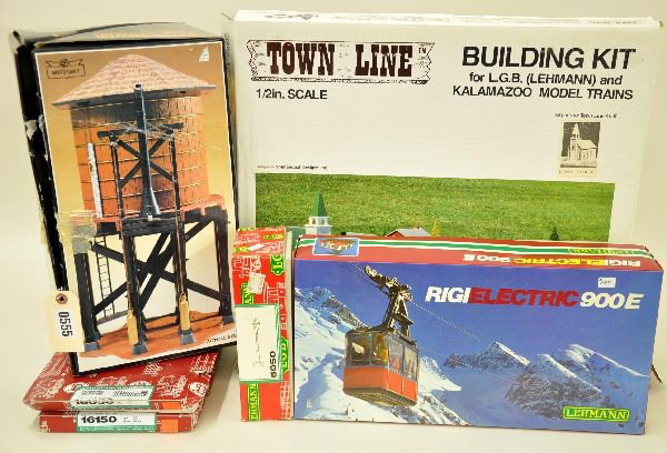 Boxed G-Gauge Accessory Lot: G-Gauge, LGB 16050 & 16150 remote wide radius switches; LGB RIGI 900E cable car; LGB 5050 lamp post; Aristo-Craft water tank; Town Line building kits 2003 church, and 2005 farm house. All have ob' s s