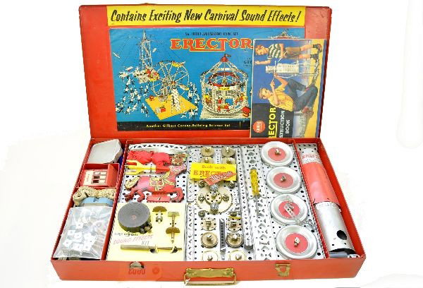 Scarce Boxed AC Gilbert Erector Set 10083: This great set makes all four amusement park rides. This late 50's version also includes the sound effects kit. The set is complete with an original rocket and parts. Sound effects insert has been rep