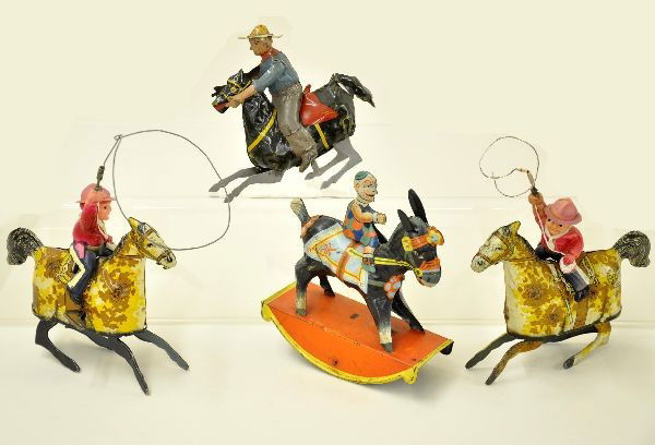 Vintage Equestrian Toys: Litho tin, tallest is 9" to top of lasso. Gamma, clown on donkey, two different Marx Ride em Cowboys, tin cowboy on horse. All mechanisms are functional, some work better than others. All show moderat