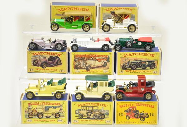 Boxed Matchbox Models of Yesteryear: Y9 Simplex, Y4 Opel, Y10 Mercedes, Y3 Benz, Y11 Packard with early box, Y7 Mercer, scarcer purple variation, Y5 Bentley. All are like new, with crisp original boxes, C9