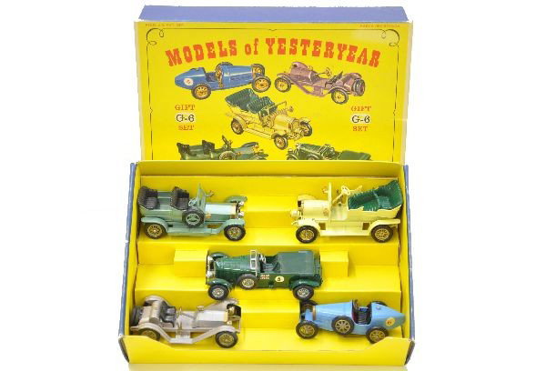 Scarce Boxed Matchbox G6 Gift Set: Super condition Models of Yesteryear Set including Y15, Y7 in scarce purple, Y6, Y5 with green tonneau, Y16. Clean original display box with insert shows minor wear. Cars are factory new. C9