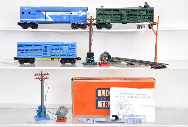Lionel Freight Cars 3376, 3370 & 3530: 3376 giraffe car, complete; 3370 sheriff & outlaw car, some paint flaking on cowboy's hat; 3530 generator car with two light poles (missing air tanks), instructions and original box. Otherwise, all sh