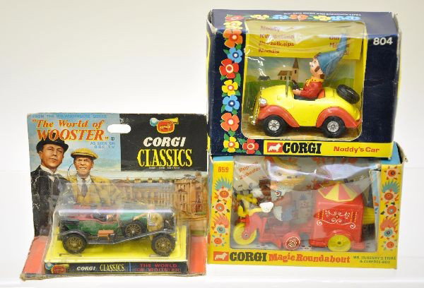 Boxed Corgi 804, 859 and 904 Character Cars: 804 Noddy's car; 859 Magic Roundabout with Mr. McHenry's Trike and Zebeedee Box; 904 World of Woosters 1927 Bentley. All are factory new, original boxes show some wear, with inserts, C9