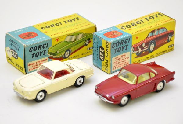 Boxed Corgi 239 and 222 Vehicles: 222 Renault Floride, unusual in red, factory new, C9; 239 VW Carmen Ghia, includes luggage and spare. Shows light playwear, C8. Both have original boxes.