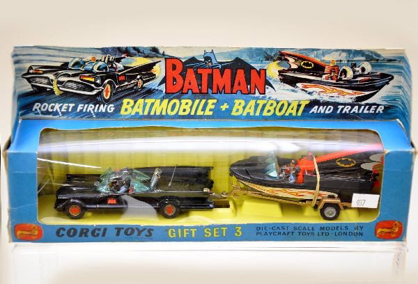 Boxed Corgi Batman Gift Set #3: Includes Batmobile with Bat Boat and trailer. Car mechanisms functional, no missiles or badge. Original box with display insert, shows very light playwear. Otherwise, C8