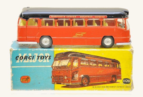Boxed Corgi Major 1120 Bus: Midland Red Motorway express coach. Factory new. Original box shows some wear. Otherwise, C9