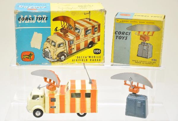 Boxed Corgi 1106 and 353 Radar Units: 1106 Decca Mobile Airfield Radar truck, complete; 353 Decca airfield 353 scanner, center plastic part repaired, with inserts. Both have original boxes that show wear. Units show light playwear C8