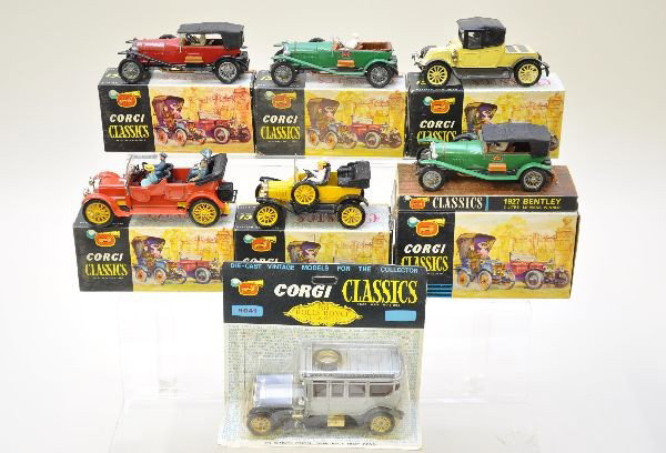 Boxed Corgi Classics Vehicles: 9041 Rolls Royce (mint on card), Two 9001 1927 Bentleys green car is missing top. 9021 1910 Daimler; 9012 1915 ford; 9032 910 Renault; 900 1927 Bentley. Original boxes with some inserts, Like New,. C8