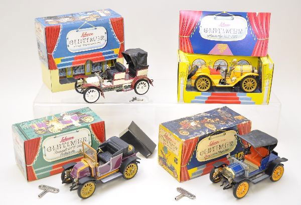Boxed Schuco Old Timer Cars: 1229 - 1902 Mercedes Simplex; 1225 - 1913 Mercer; 1230 - 1911 Renault; 1228 - 1909 Opel; All mechanisms are functional with keys for each. All have original display boxes with main insert and a few pa
