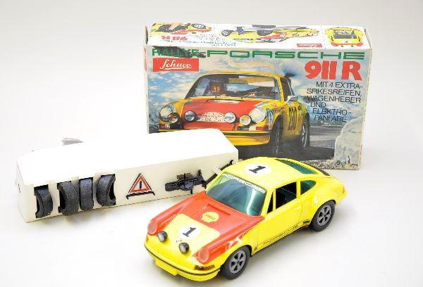 Boxed Schuco 357/218 Porsche 911R: Nicely detailed 10" plastic vehicle with accessories. Original box with insert, like new. C8-9