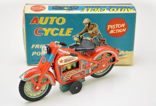 Boxed Red Japanese Venus Motorcycle: 9" Long, friction with rubber tires and piston action, nicely detailed and in near mint condition with its original box, C9