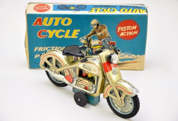 Boxed Silver Japanese Venus Motorcycle: 9" Long, friction with rubber tires and piston action. Nicely detailed and in near-mint condition with original box, C9