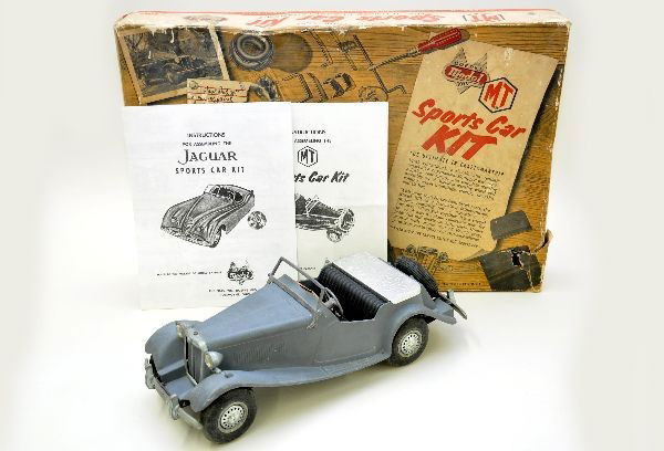 Boxed Doepke Model Toy MG Car Kit: First boxed example we've seen! Complete and still in primer paint, dash decal is loose, but complete. Rare original box with instructions. Shows light playwear, C7+-8