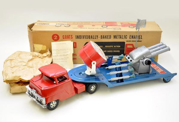 Mint Boxed Structo 620 Mobile Anti-Missile Unit: Nicest example we have seen! Pressed steel and plastic. 27" overall length. Complete with original bags and instructions. Clean original box, toy is factory new C9-10. Wow!