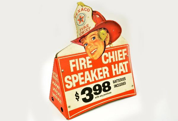 Scarce Texaco Dealer Display for Fire Chief Hat: Paper litho on cardboard, 17 x 9 x 20", two sided, bright and clean.