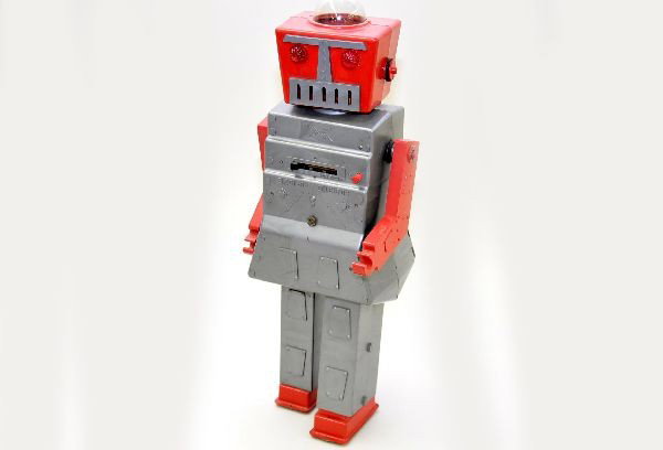 Scarce Mr. Atom Robot: Hard Plastic, Automatic Toy & Doll Co. New Haven CT. 18" tall, mechanism functional with light & buzzer, shows light playwear, C8