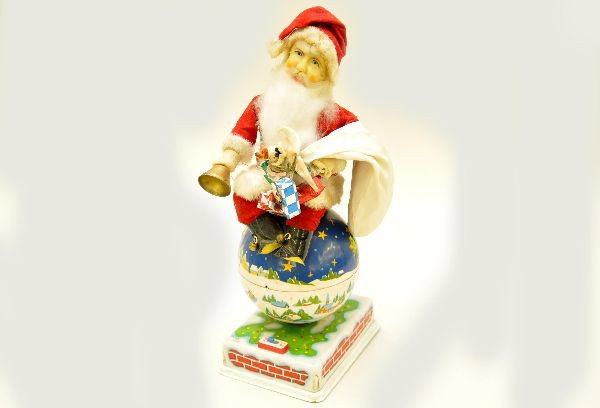 Santa On Globe Battery Toy: Somewhat scarce. HTC Japan, 15" tall, litho tin, plush and vinyl, mechanism functional, just missing bell clapper. Shows moderate playwear, C7-
