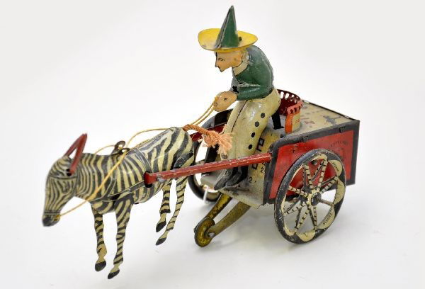 Lehmann 1881 ZIKRA Zebra Cart: Circa 1910, crazy cart action, mechanism functional showing light to moderate playwear, C7+