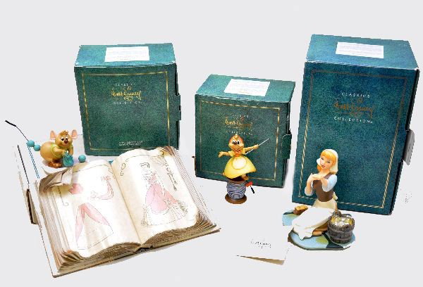 4 Boxed Disney Figurines: Cinderella Series. Includes: Gus, "You Go Get Some Trimmin", Needle Mouse "Hey, We Can Do It", Cinderella, "They Can't Stop Me Now" and Cinderella's Sewing Book. All are in original boxes with inserts