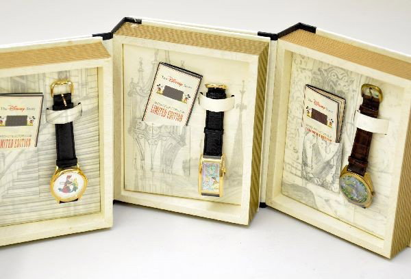 3 Boxed Disney Character Wrist Watches: Limited Edition Series II watches made by Fossil. DS-46 Sleeping Beauty, DS-69 The Jungle Book, DS-68 Cinderella. All appear factory new in original boxes and sleeves.