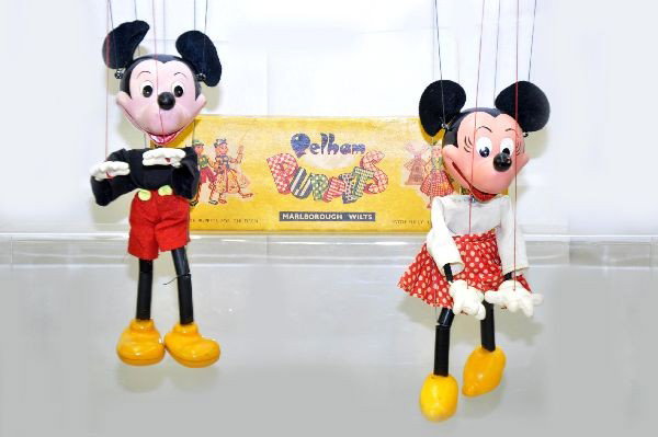 Two Disney Pelham Puppets: Mickey Mouse and Minnie Mouse Marionettes. Minnie Mouse has her rare original box. Both show very light signs of use.