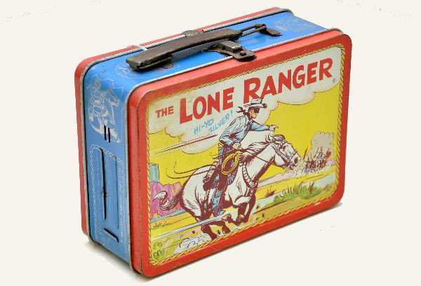 Early Lone Ranger Lunch Box: ADCO-Liberty Company, circa 1954. Great image of Lone Ranger and Tonto. Oxidation on chrome. Shows moderate wear.