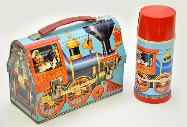 Scarce Casey Jones Dome Lunch Box: Universal dated 1960, clean and shiny with some wear on bottom. Original metal thermos. Otherwise, shows light wear.