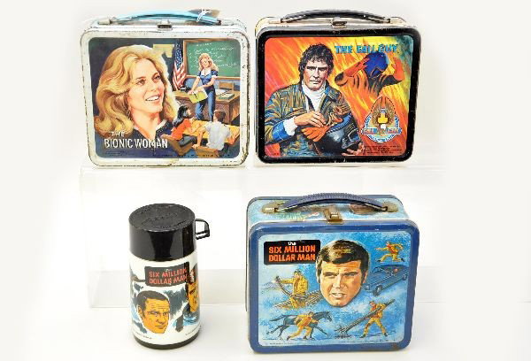 TV Themed Lunch Boxes: All are Aladdin Industries. Bionic Women 1978; The Fall Guy 1981; 6 Million Dollar Man, 1974 with plastic thermos. All show moderate playwear.