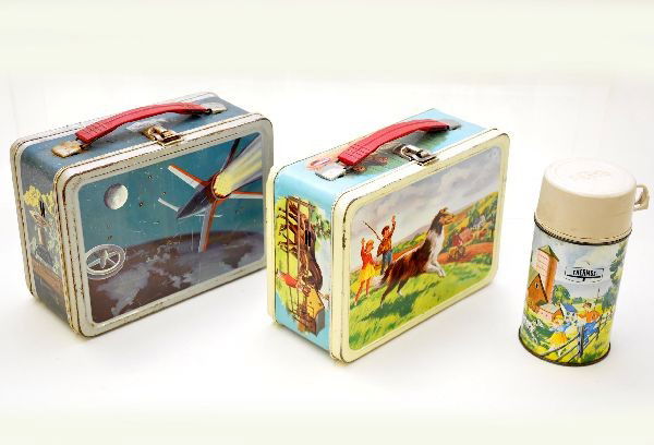 Early 60's Lunch Boxes: American Thermos satellite lunch box, circa 1960; American Thermos circa 1960 Pets and Pals with metal thermos. Both show light to moderate wear.