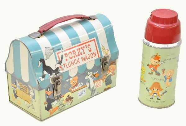Porkys Lunch Wagon Dome Lunch Box: American Thermos circa 1959 with original domed thermos. Shows all Looney Tunes characters. Colors are bright, box is clean and shiny. Shows light to moderate wear.