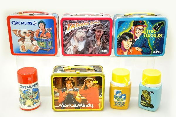 TV and Movie Related Lunch Box Lot: King-Seeley 1979 Mork and Mindy with original plastic thermos which has a split on outer casing; King-Seeley 1981 Mr. Merlin with original plastic thermos; Aladdin Industries 1984 Gremlins with origin