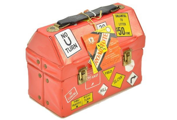 Scarce Road Tote Vinyl Dome Lunch Box: Prepac Inc. Remarkably nice condition with brass plated clasp and handle hinge. Like new with original store tag.