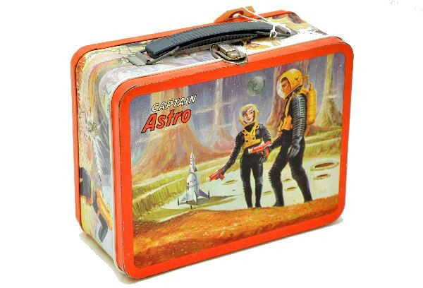 Scarce Captain Astro Lunch Box: Ohio Art 1958 clean and shiny with wonderful early space and alien art. Shows light wear.