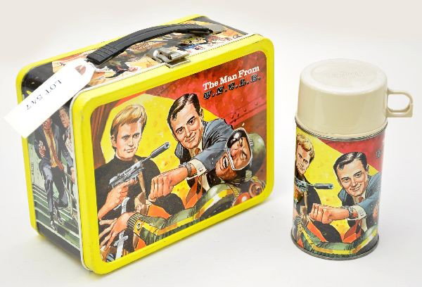 Nice Man from U.N.C.L.E. Lunch Box: King-Seeley 1966, clean and shiny with bright graphics and original metal thermos. Shows light wear.