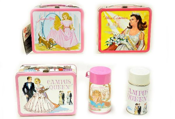 Girl Themed Lunch Boxes: Aladdin Industries 1978 Junior Miss with original store tag and plastic thermos; 1972 Miss America, embossed; King-Seeley 1967 Campus Queen with game back, has one magnetic plastic game piece and orig