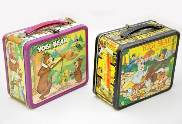 Yogi Bear Lunch Boxes: Both are Aladdin Industries. One is 1964 other is 1974. Both are embossed and have bright colors and show light to moderate wear.