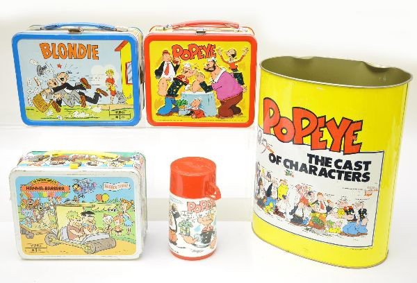 Cartoon Lunch Boxes Plus: Aladdin Industries 1980, Popeye embossed with original store tag and plastic thermos, like new; Cheinco Popeye trash can; King-Seeley 1969 Blondie; King-Seeley 1977 Hanna-Barbera showing Flintstones a