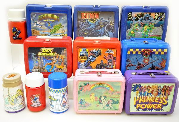 Large Plastic Lunch Box Lot: Princess of Power with plastic thermos; Sky Commanders with plastic thermos; Go Bots with plastic thermos; My Little Pony; Batman Returns; Ring Raiders with plastic thermos; Centurions; Teenage Mutant