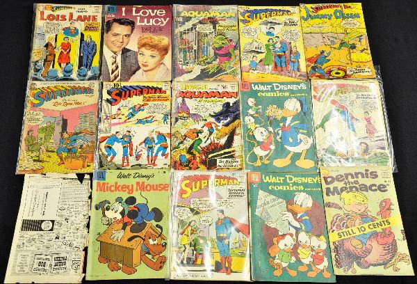Large Group of 10 Cent Comic Books: Includes Jimmy Olson 2, Superman 82, 139, 140, 141, 148 and 139, Aquaman 31 & 33, I Love Lucy, Lois Lane 24, and several Dell Disney comics. All show various signs of wear, nothing horrible. Colors ar